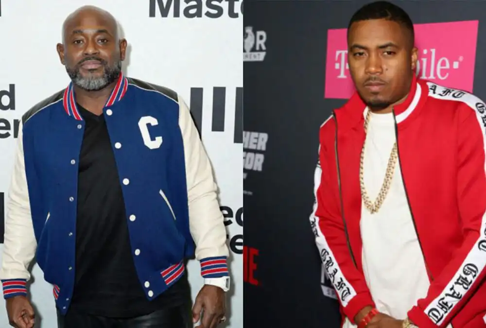 "Nas, Steve Stoute in photo side by side. Stoute with letterman jacket and Nas with Grand