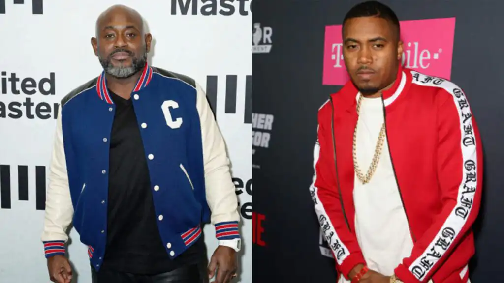 "Nas, Steve Stoute in photo side by side. Stoute with letterman jacket and Nas with Grand