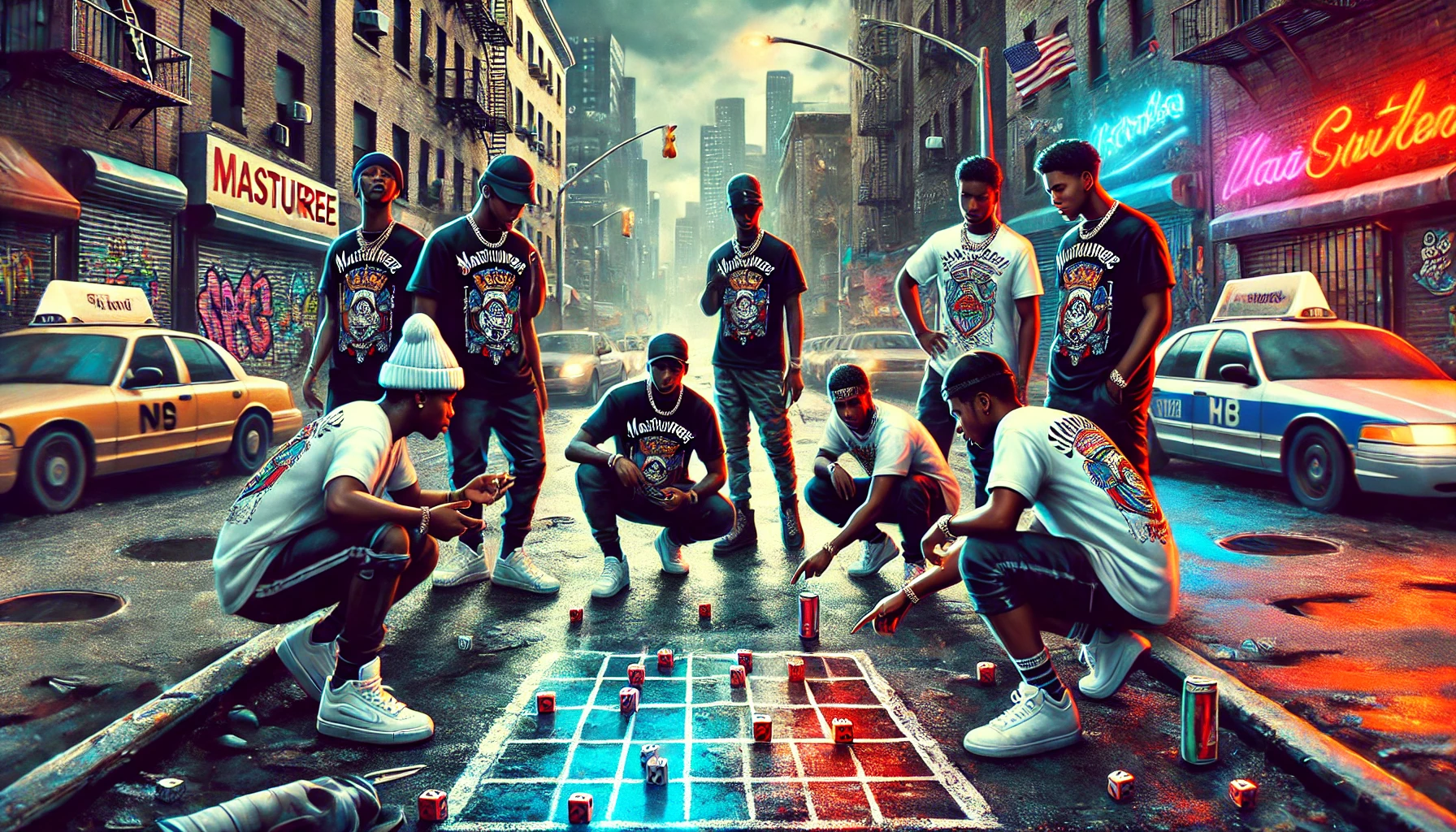 Black youth wearing urban graphic T-shirts with the 'Mastuhree' logo, gathered on a gritty city street corner shooting dice. 