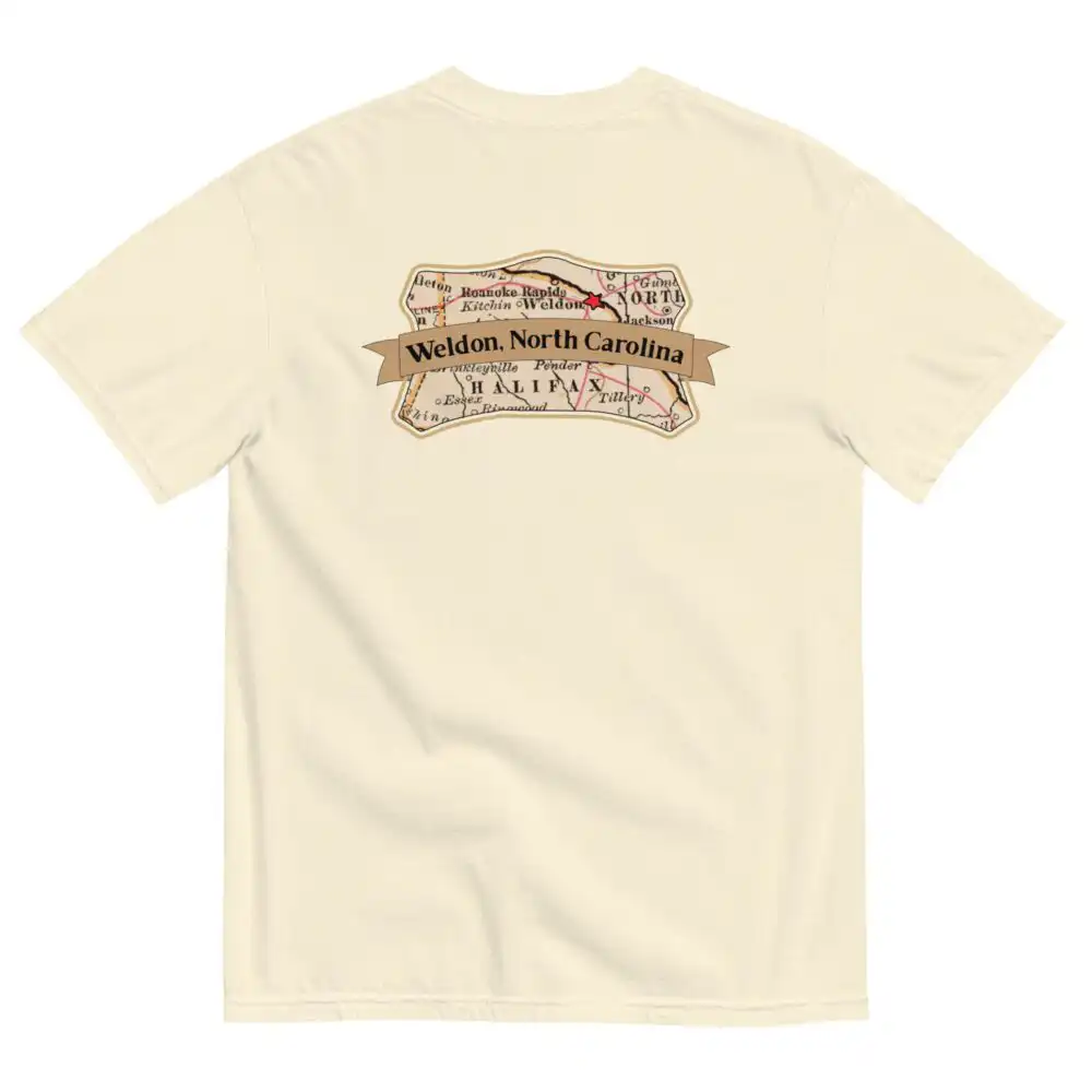 Rockfish Weldon NC T-shirt laid out with fishing gear and Roanoke River trail map
