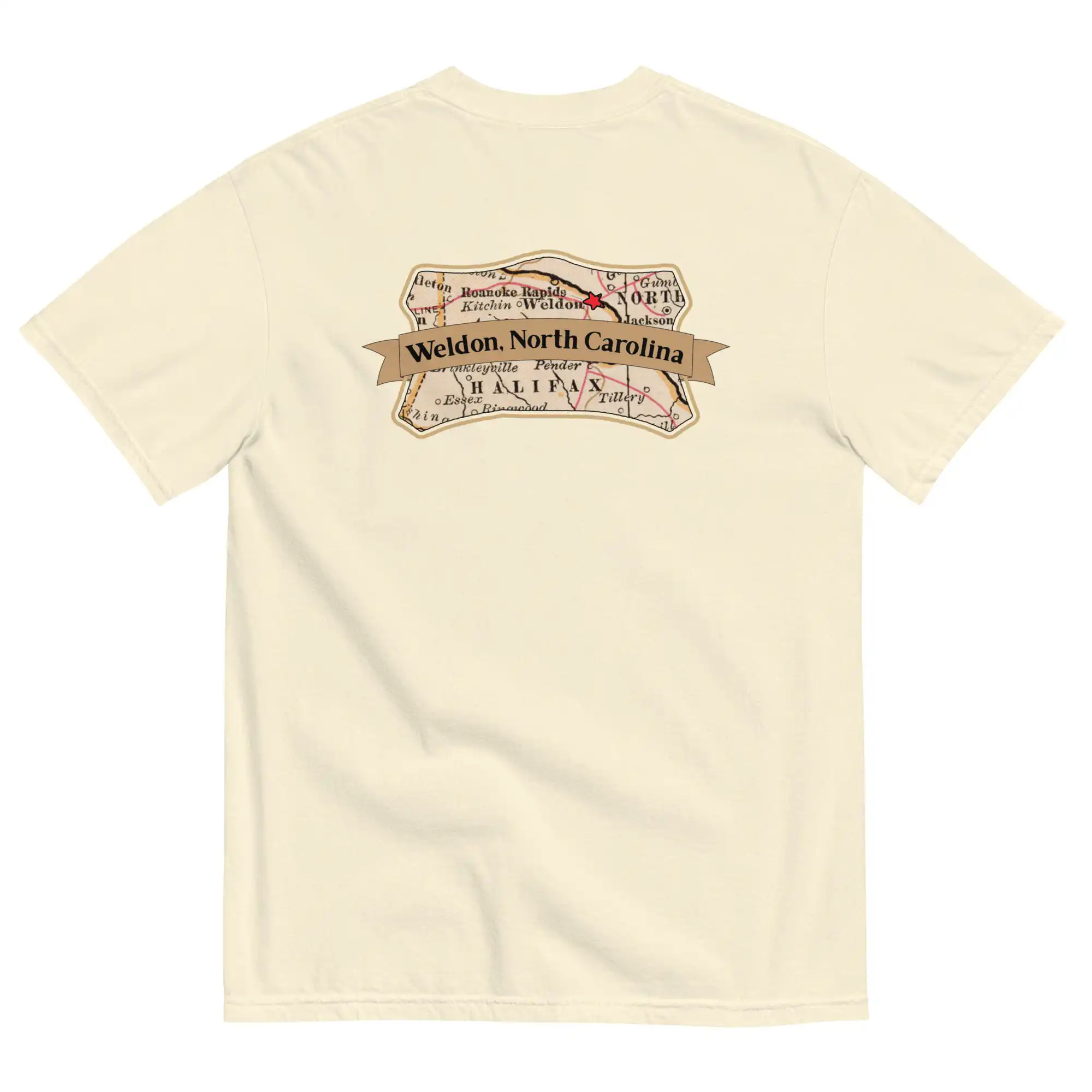 Rockfish Weldon NC T-shirt laid out with fishing gear and Roanoke River trail map