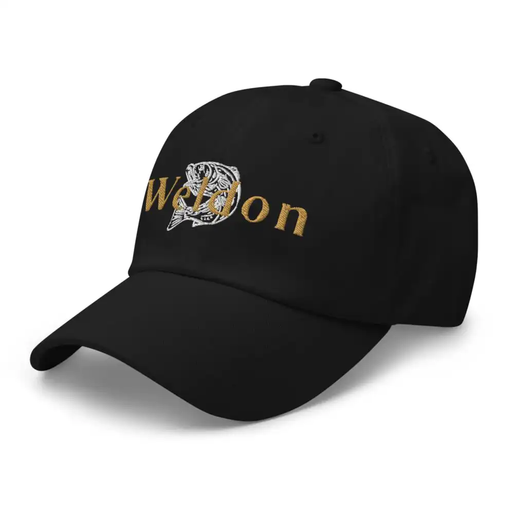 Side view of Weldon Rockfish Dad Hat with embroidered logo, adjustable strap, and classic design, showcasing its stylish and durable fabric.