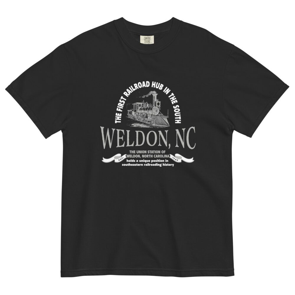 Historic Weldon T-Shirt featuring North Carolina’s first railroad hub with local landmarks Sycamore 51 and Rockfish Bar and Grill