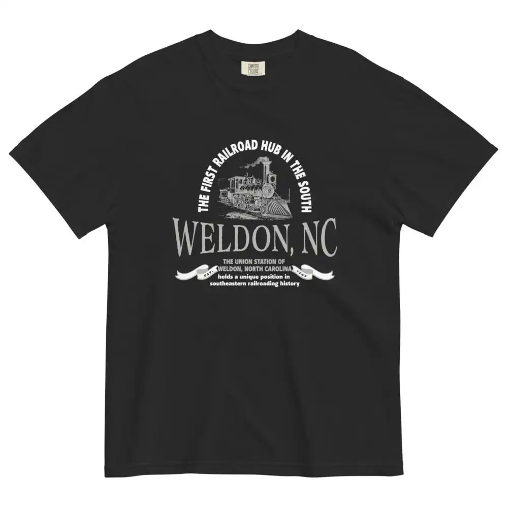 Historic Weldon T-Shirt featuring North Carolina’s first railroad hub with local landmarks Sycamore 51 and Rockfish Bar and Grill