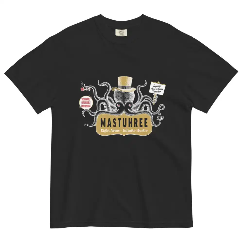 Shop black and gold graphic t-shirts for men at Mastuhree Brand. Bold octopus, aqua symbols, and premium designs for a unique, classic style.