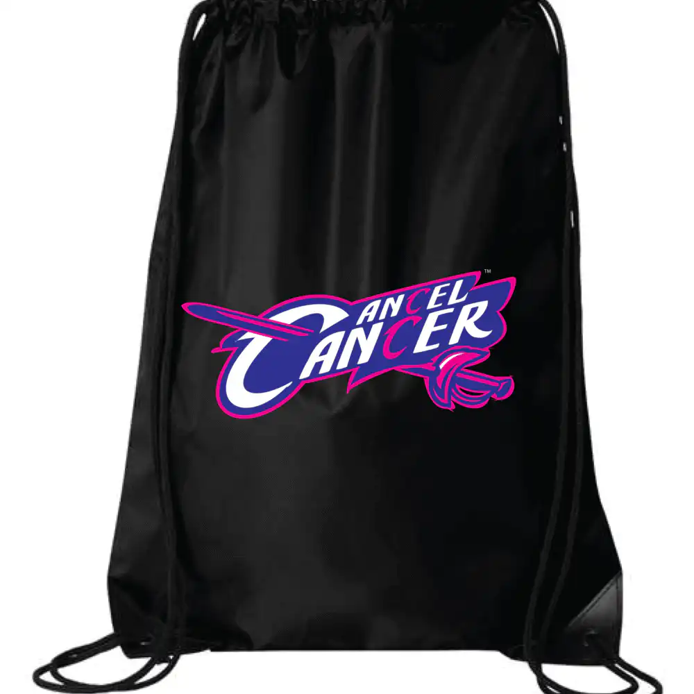 Black Stand Up To Cancer drawstring bag Liberty Bags 8881 with durable DUROcord and cancel cancer message