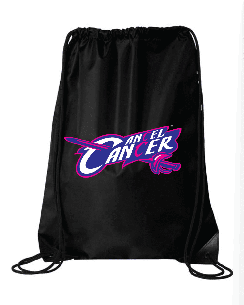 Black Stand Up To Cancer drawstring bag Liberty Bags 8881 with durable DUROcord and cancel cancer message