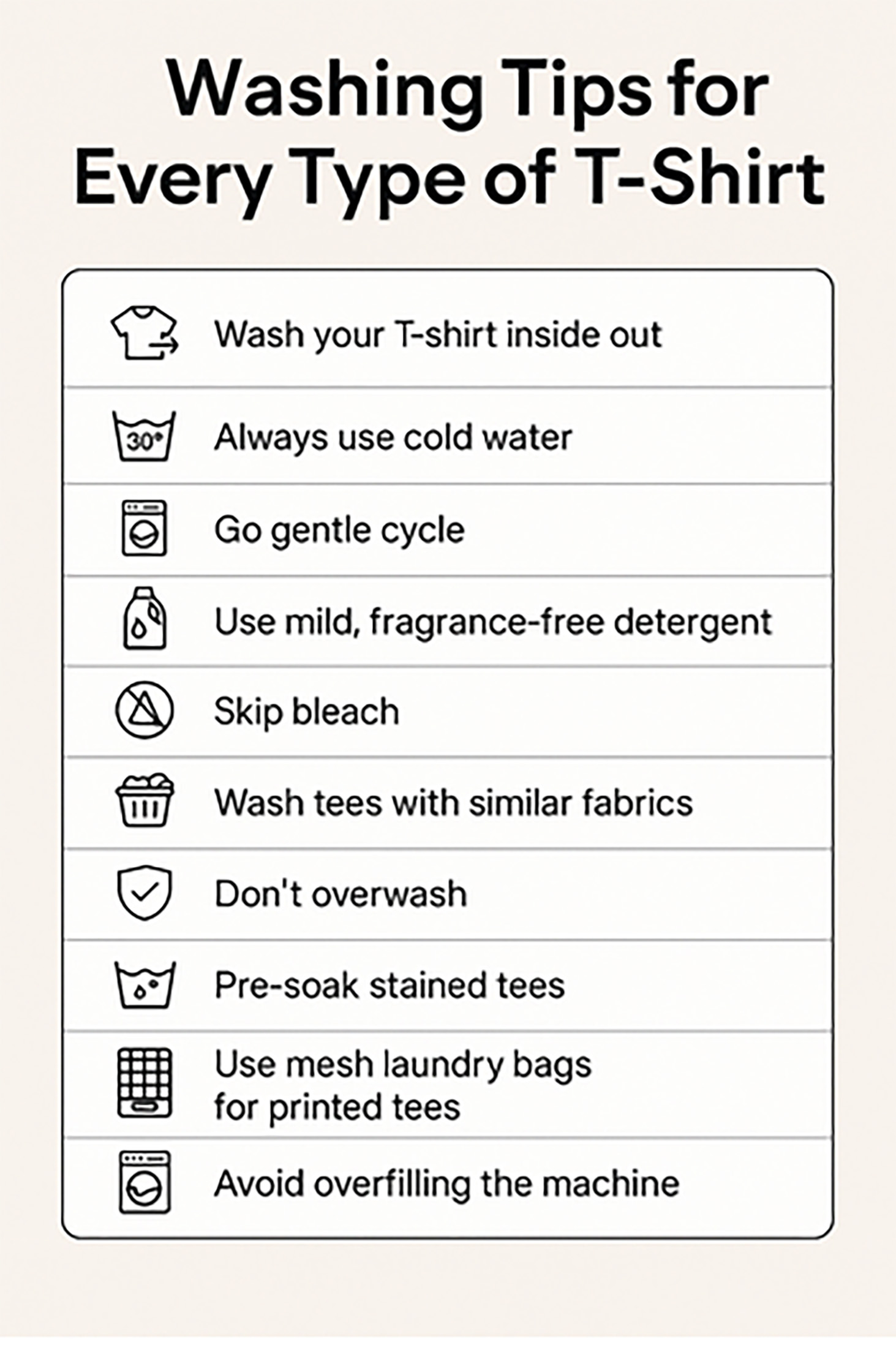 Infographic showing 10 easy T-shirt Care washing tips including cold water, gentle cycle, and turning tees inside out.