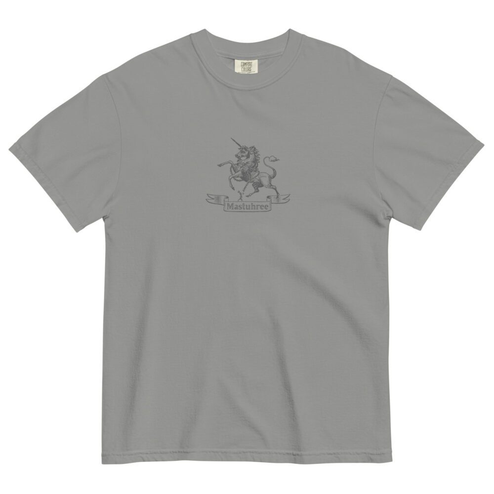 Grey graphic tee for men featuring a unicorn symbol printed on 100% ring-spun cotton
