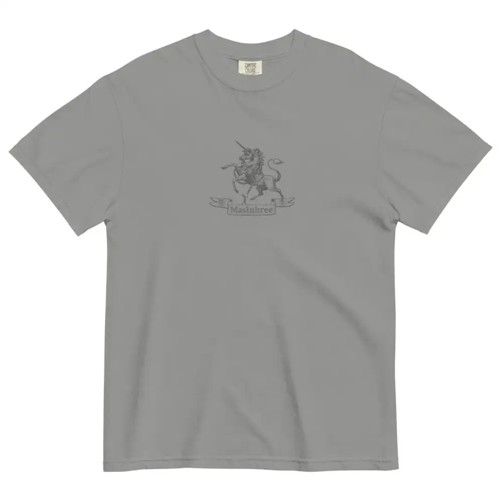 Grey graphic tee for men featuring a unicorn symbol printed on 100% ring-spun cotton