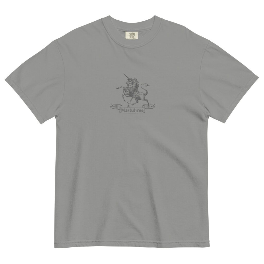 Grey graphic tee for men featuring a unicorn symbol printed on 100% ring-spun cotton