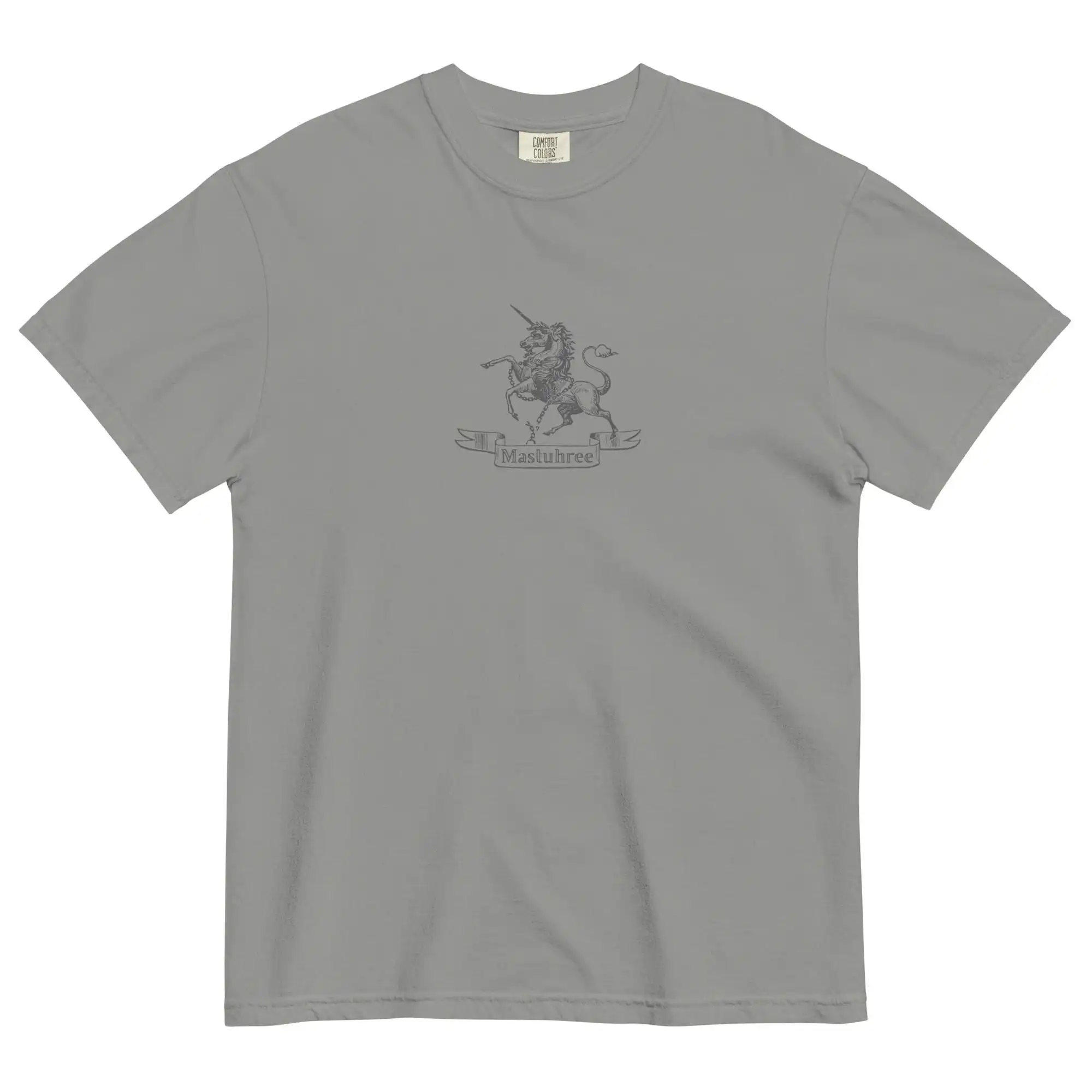 Grey graphic tee for men featuring a unicorn symbol printed on 100% ring-spun cotton