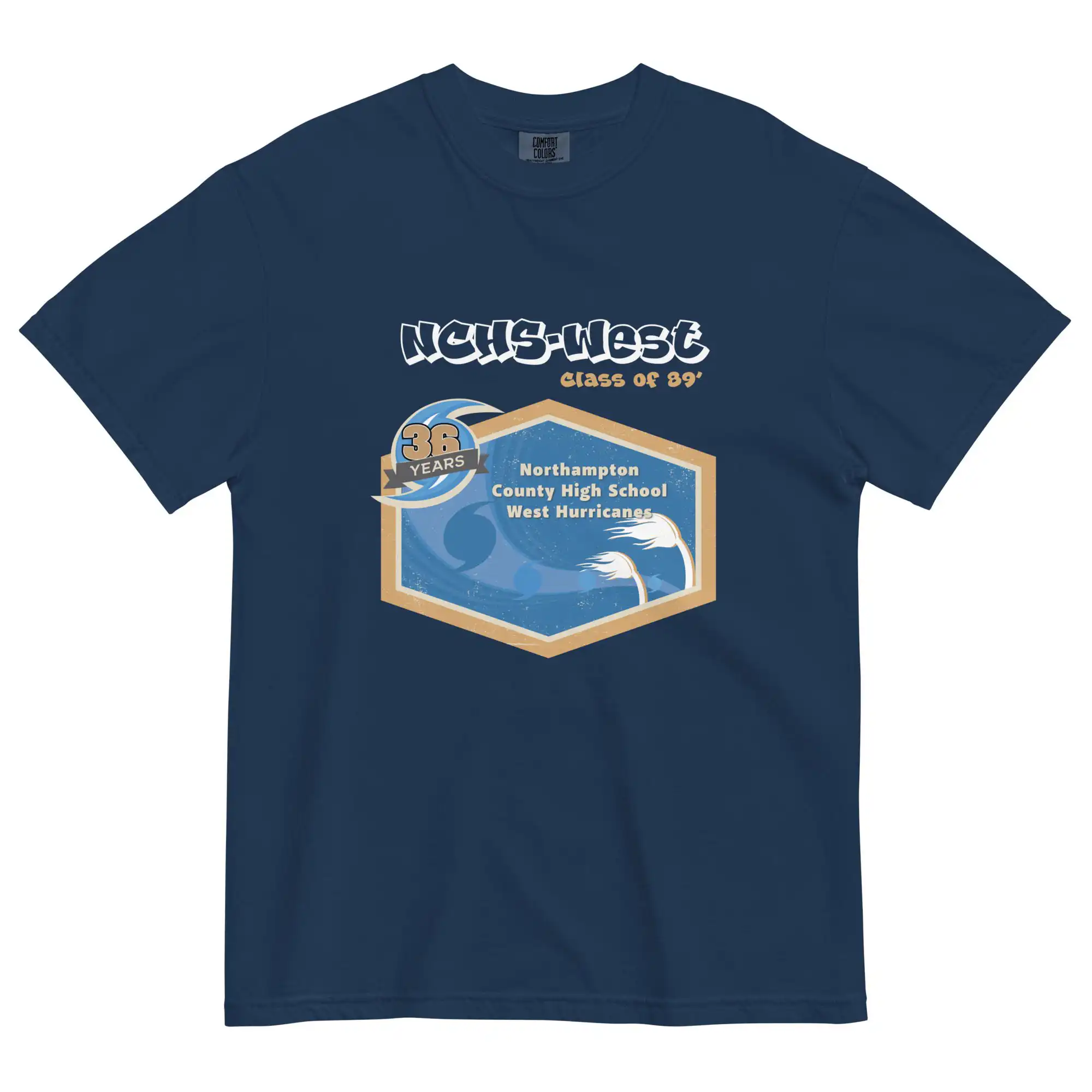 Navy blue Northampton County High School West Hurricanes t-shirt with bold school spirit design