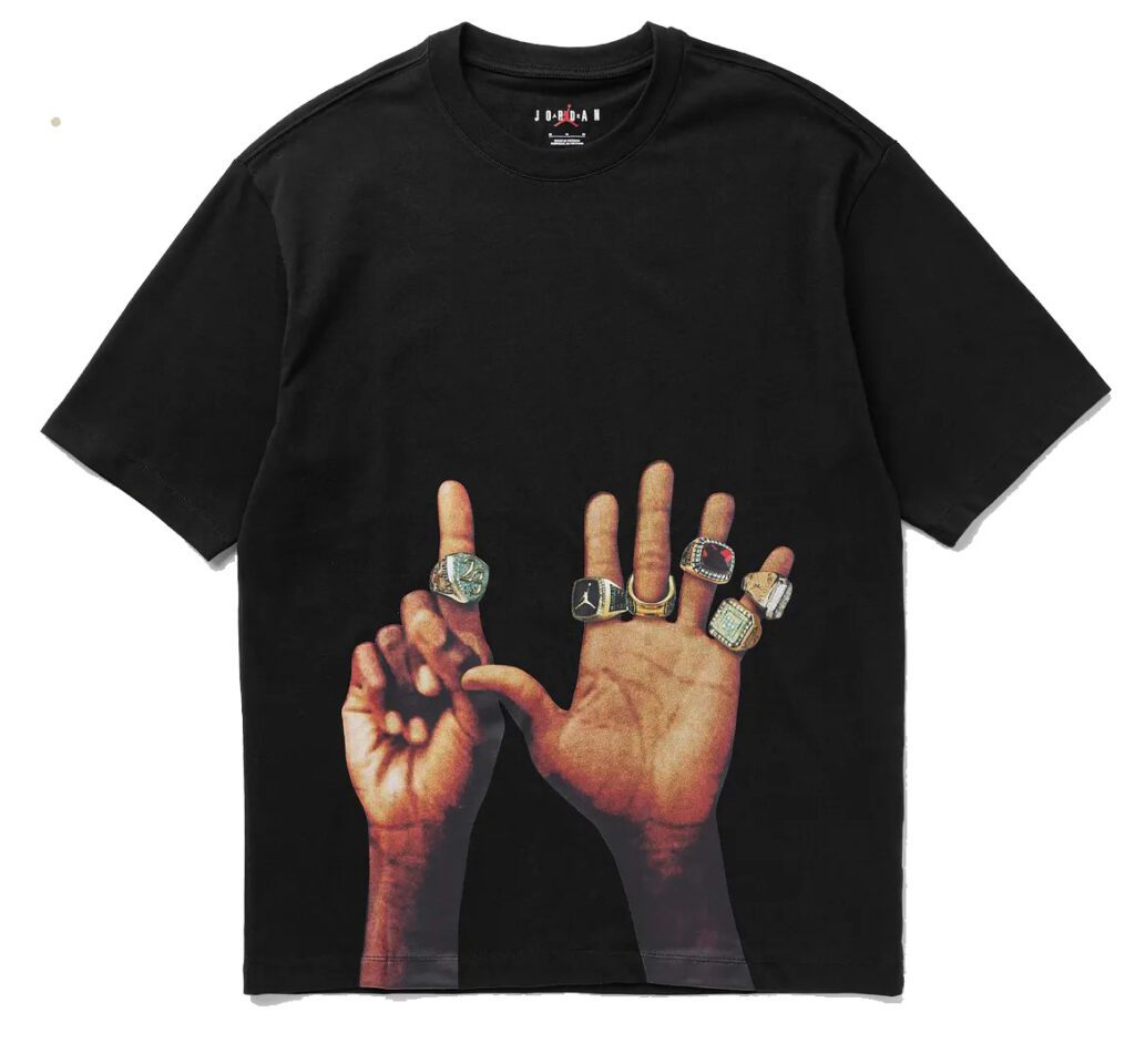 Jordan 6 Rings tee styled with denim jeans and classic Jordan sneakers