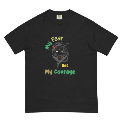 “My Fear Est My Courage” T-Shirts with Meaning black-and-white design, inspired by Bob Marley’s message of strength