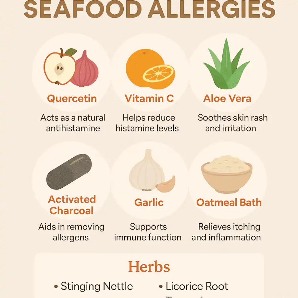 Natural antihistamines like quercetin, garlic, and turmeric arranged with herbs on a white background.