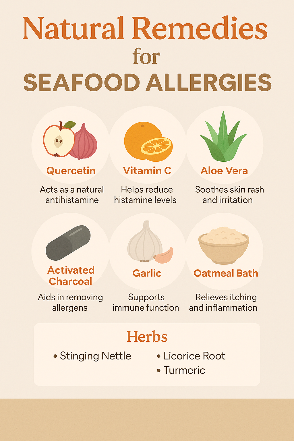 Natural antihistamines like quercetin, garlic, and turmeric arranged with herbs help with Seafood Allergies.