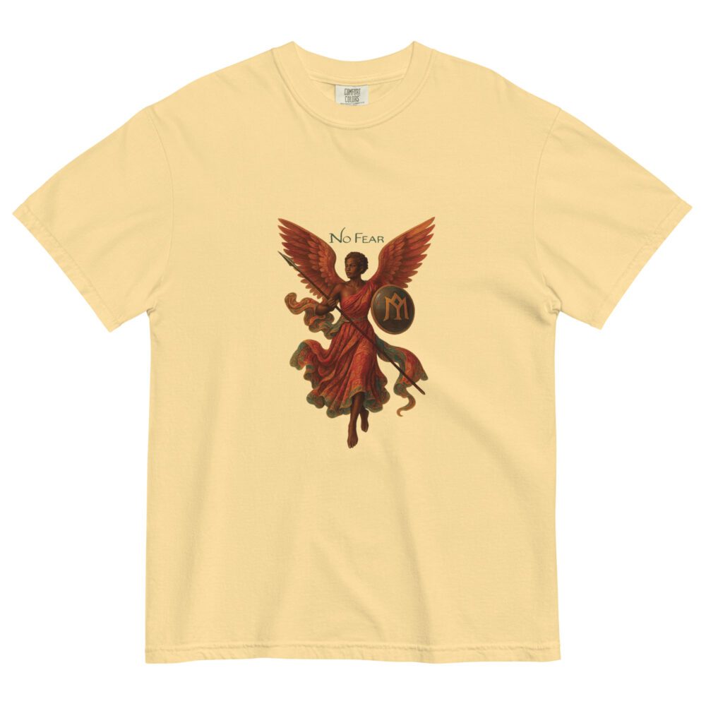 Front view of No Fear Angelica T-Shirt featuring a winged woman with shield and spear, symbolizing divine power and fearless expression.