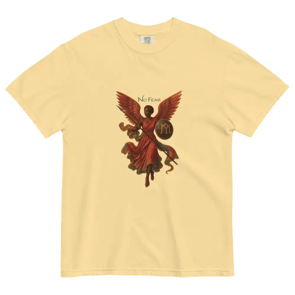 Front view of No Fear Angelica T-Shirt featuring a winged woman with shield and spear, symbolizing divine power and fearless expression.