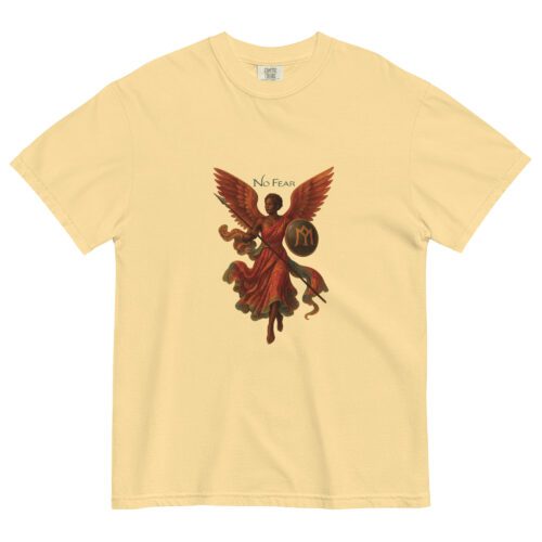 Front view of No Fear Angelica T-Shirt featuring a winged woman with shield and spear, symbolizing divine power and fearless expression.