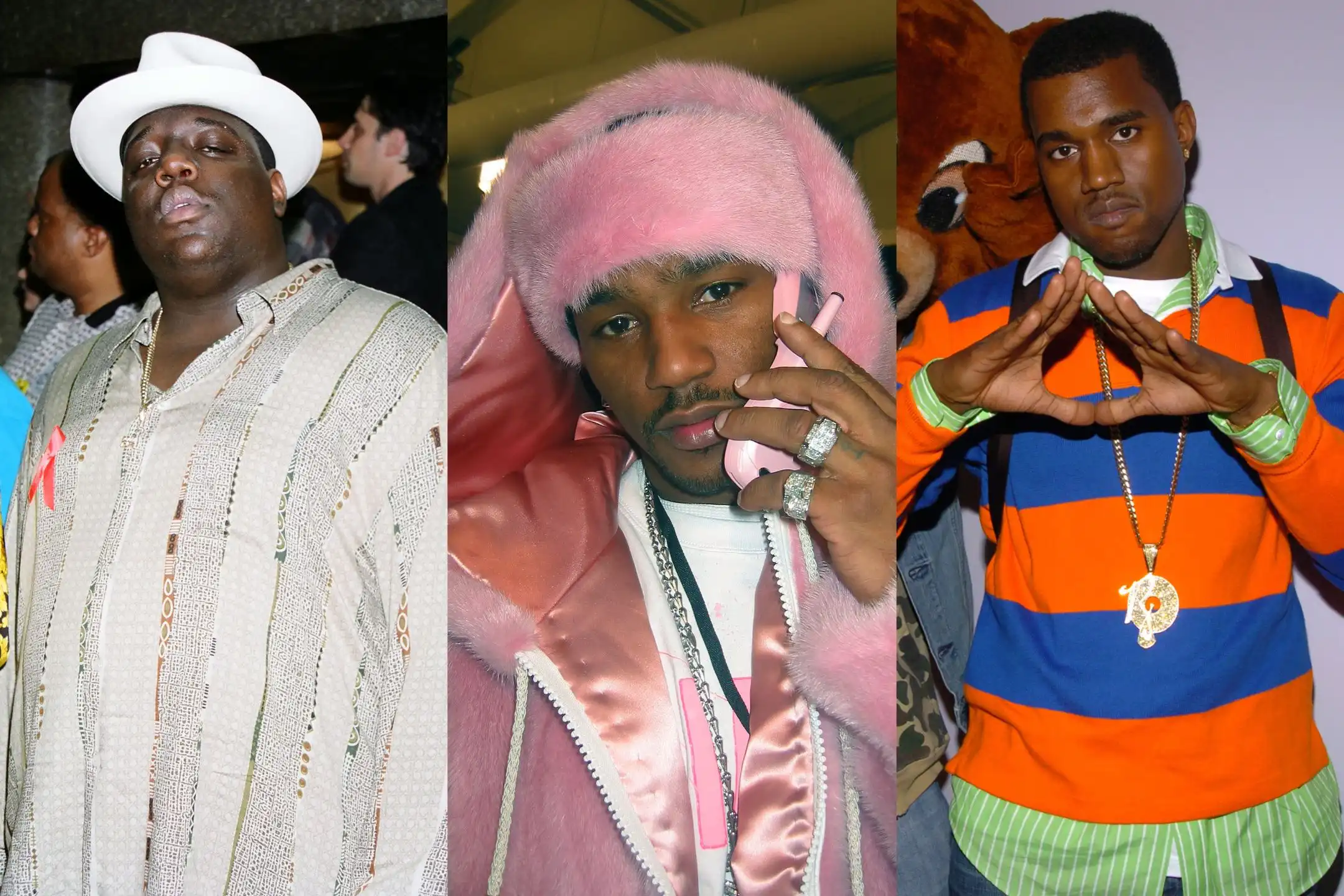Split image of Cam’ron in pink fur coat, The Notorious B.I.G. in Coogi sweater, and Kanye West in early 2000s hip hop streetwear fashion