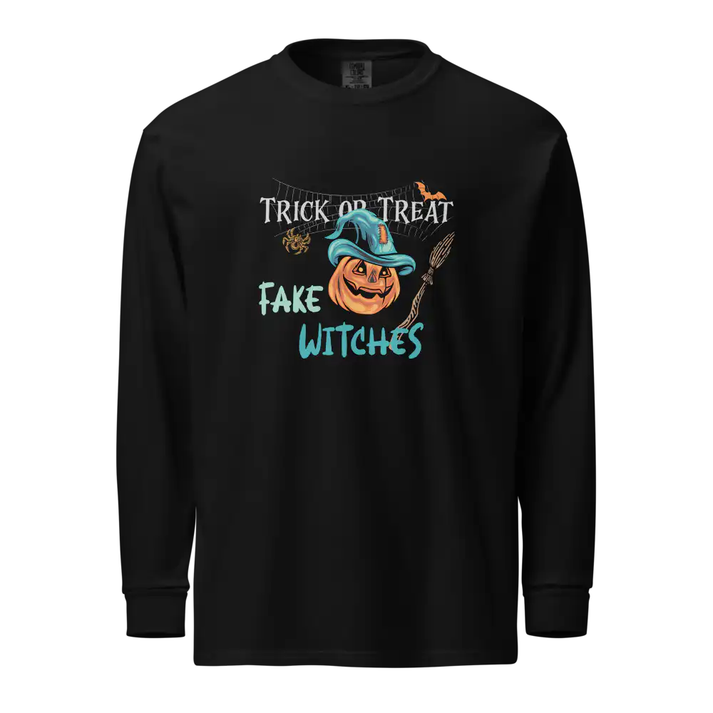 Fake Halloween Witches T-Shirt – Front view, witty Halloween expression tee comparing fake witches to fake people