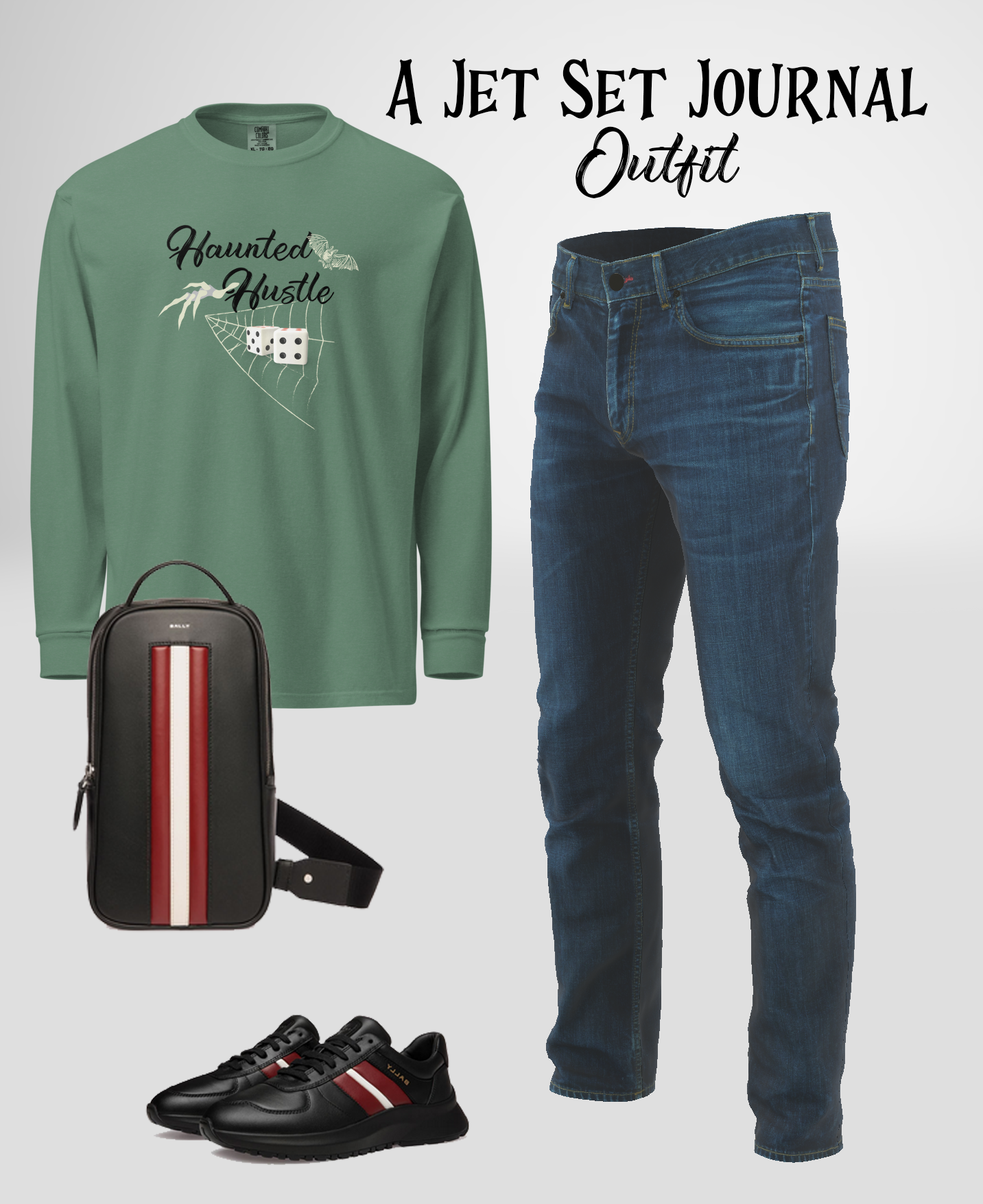 Haunted Halloween Hustle graphic tee styled with blue denim jeans, black and burgundy sneakers, and a black sling bag – men’s casual streetwear outfit