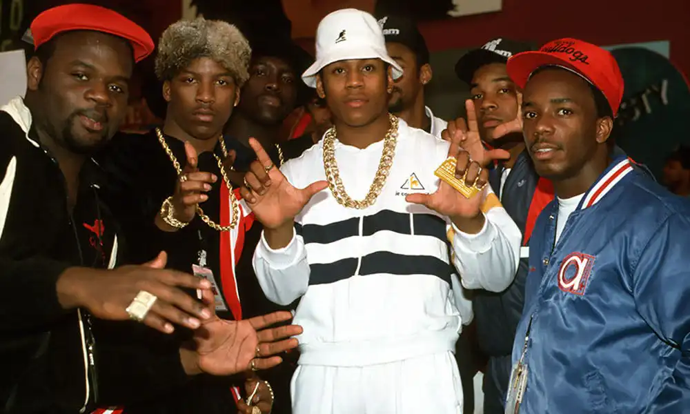 Split image of LL Cool J and his crew in 1980s–1990s hip hop fashion with Kangol hats, Adidas tracksuits, gold chains, and classic streetwear style