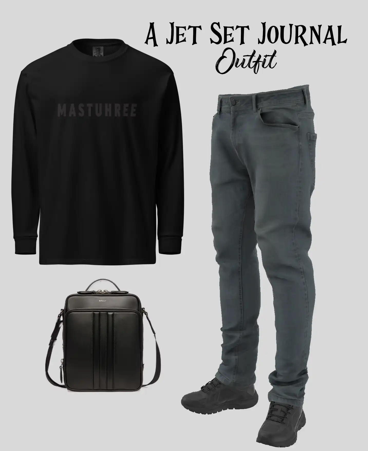 Mastuhree Classic Longsleeve graphic tee styled with black denim jeans, solid black sneakers, and a crossbody black leather shoulder bag – men’s monochrome streetwear outfit.