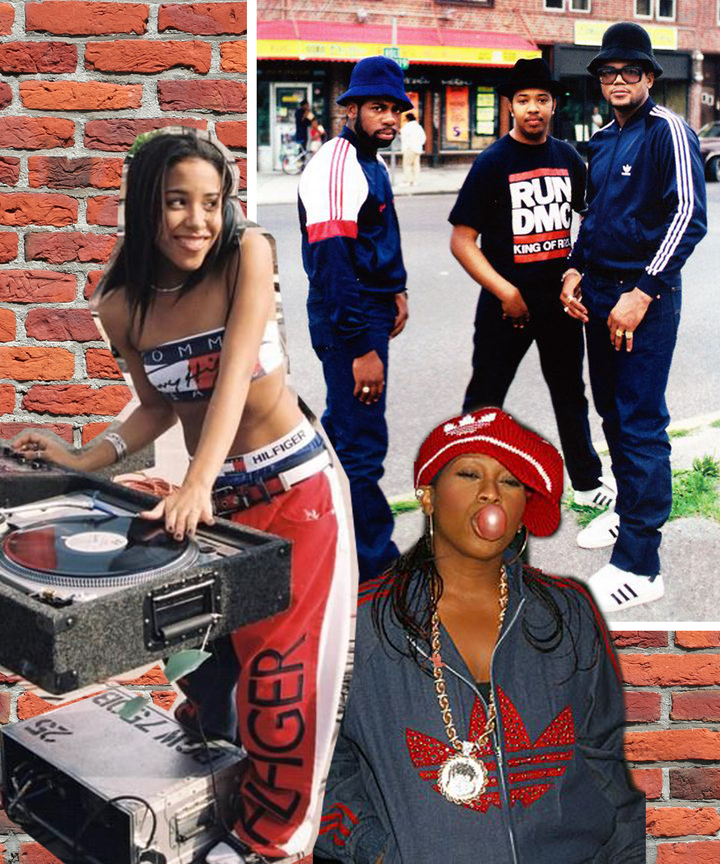 Split image of Run-DMC in Adidas tracksuit, Aaliyah in 90s urban streetwear, and Missy Elliott in bold 90s hip hop fashion outfit
