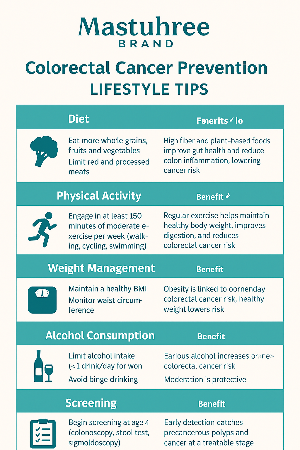 Healthy lifestyle tips to lower colorectal cancer risk including diet, exercise, and avoiding smoking.