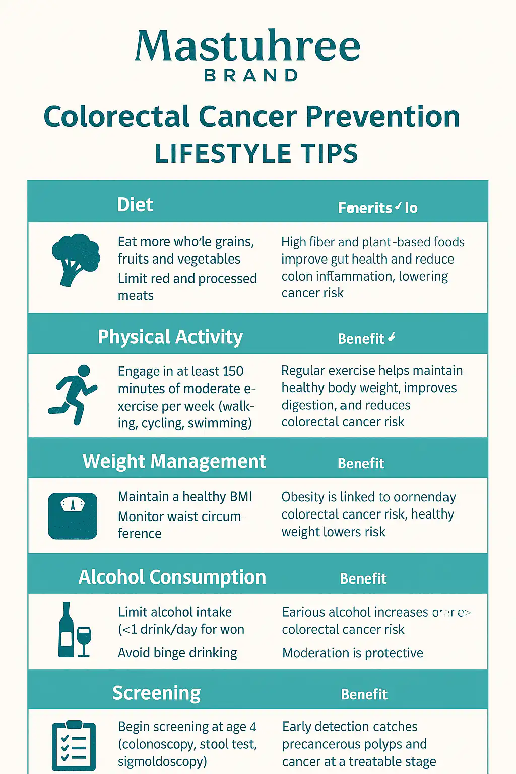 Healthy lifestyle tips to lower colorectal cancer risk including diet, exercise, and avoiding smoking.