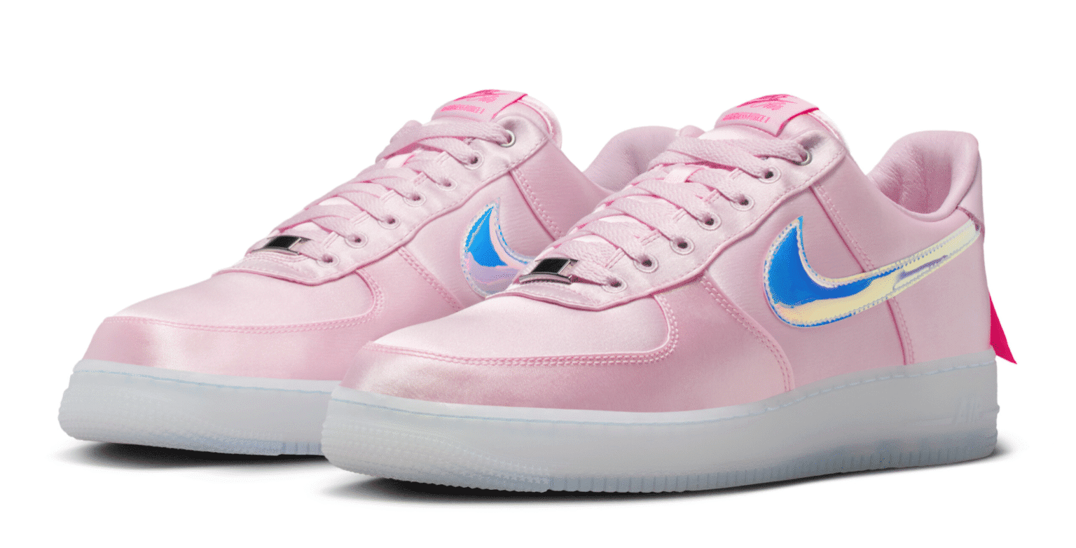 Pink Nike Air Force 1 Breast Cancer Awareness Low with satin upper, iridescent Swoosh, and pink ribbon heel design.