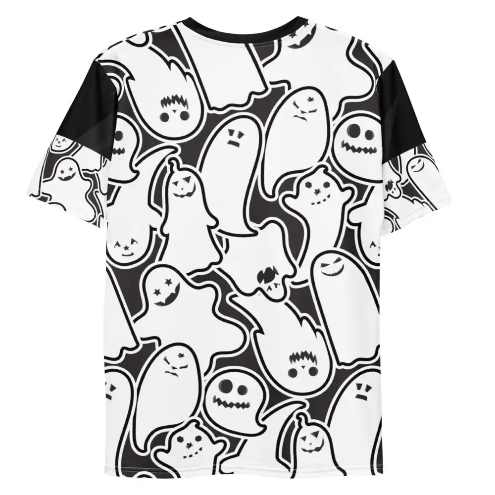 Ghost Halloween T-Shirt front view – vintage ghost pattern graphic on 93% polyester, 7% spandex- Back