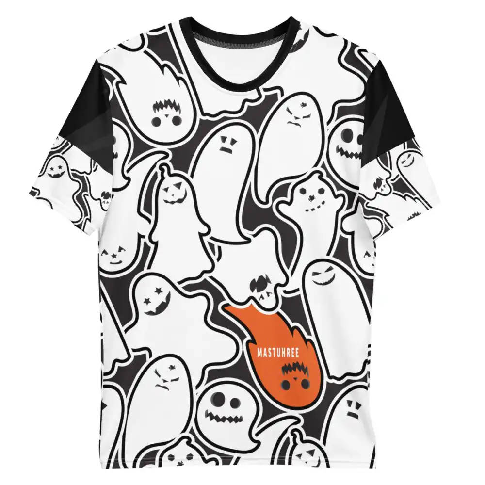 Ghost Halloween T-Shirt front view – vintage ghost pattern graphic on 93% polyester, 7% spandex.