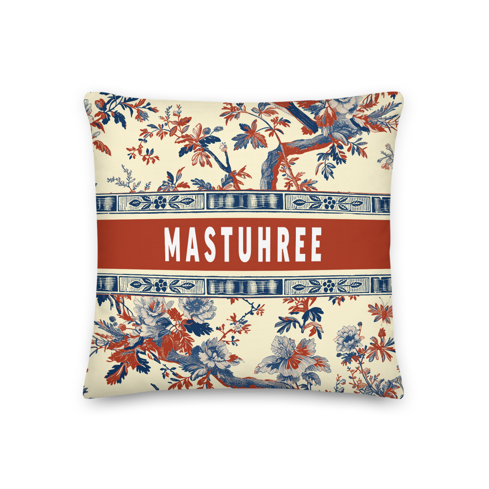 Vintage Toile De Jouy Pillow from Mastuhree on a modern living room couch, showing classic blue-and-white pattern.