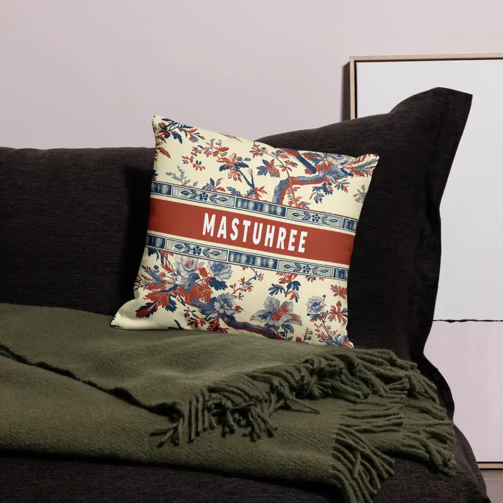 Mastuhree Vintage Toile De Jouy Pillow styled on bed with layered accent pillows in a cozy bedroom.