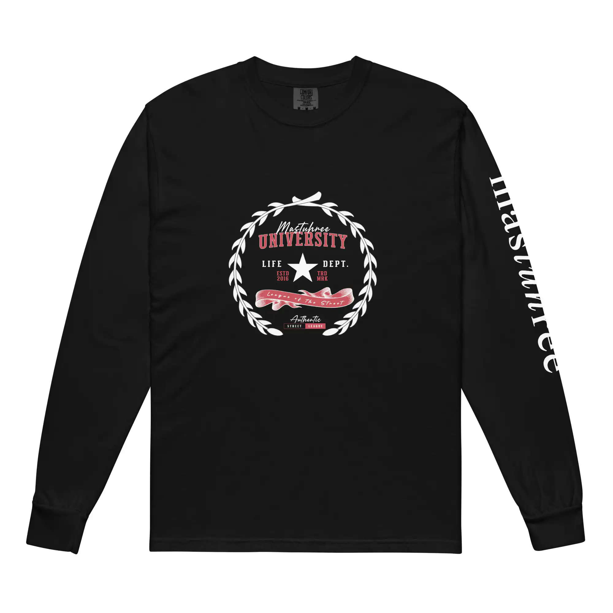 Premium university t-shirt with bold collegiate graphic displayed on a clean background for campus and streetwear style.