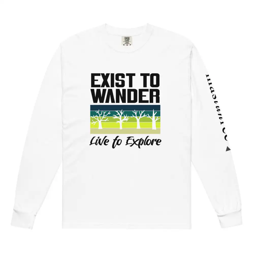 White Exist to Wander Live to Explore t-shirt with tree design inspired by Nicki Minaj quote about living with purpose