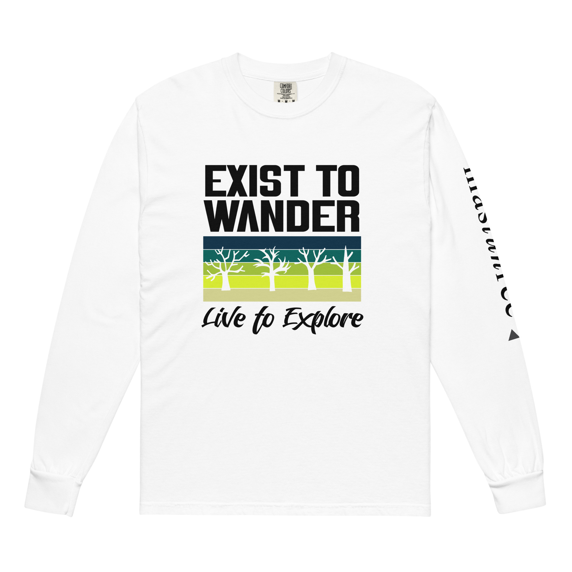 White Exist to Wander Live to Explore t-shirt with tree design inspired by Nicki Minaj quote about living with purpose