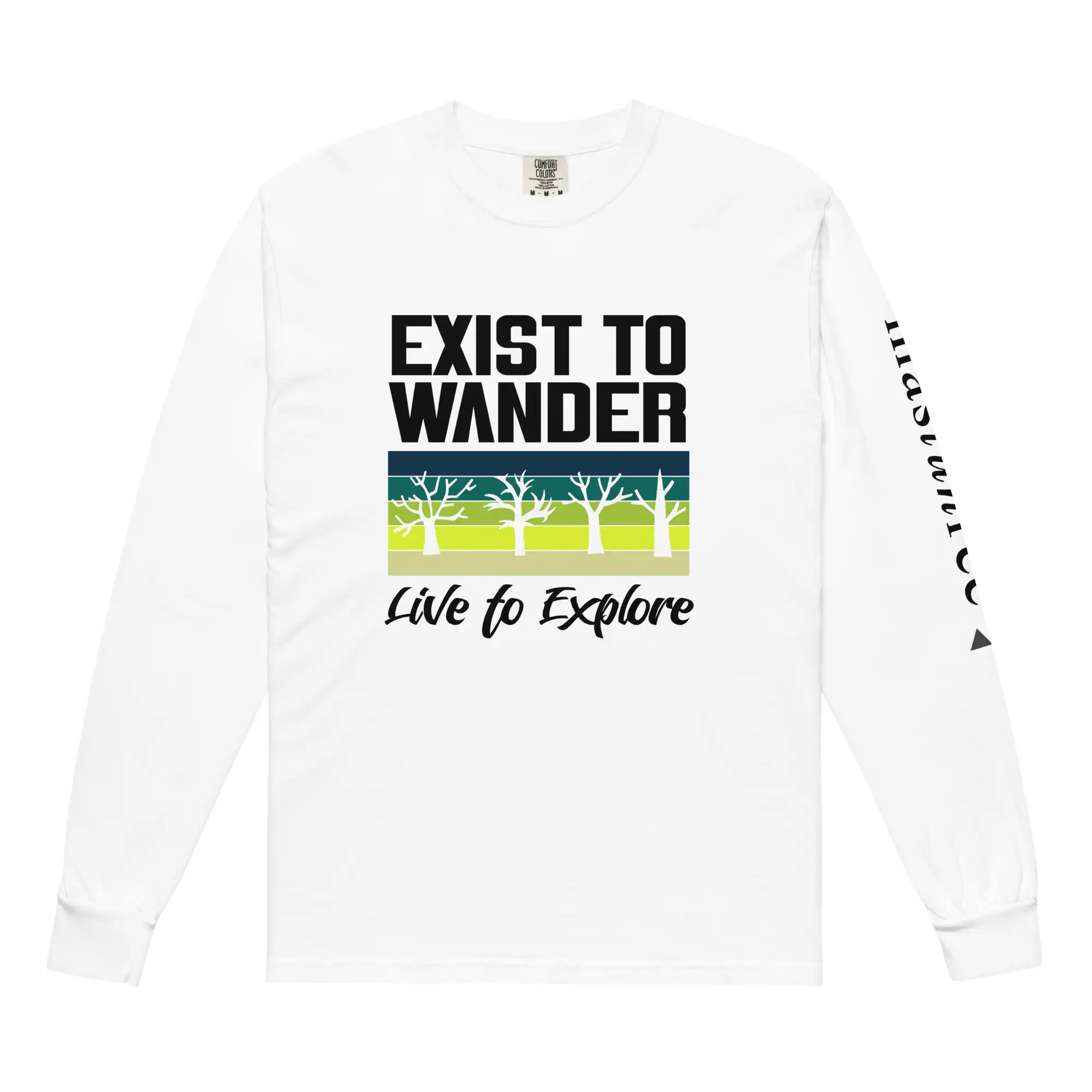 White Exist to Wander Live to Explore t-shirt with tree design inspired by Nicki Minaj quote about living with purpose