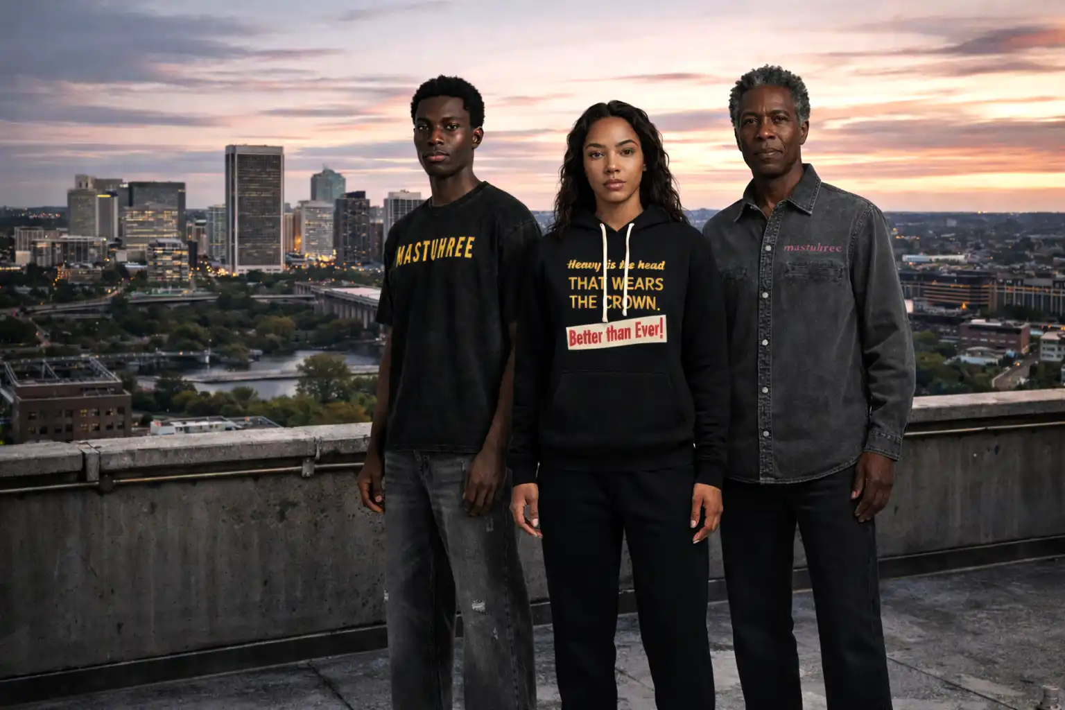 Mastuhree Brand urban rooftop fashion shoot featuring three models wearing premium streetwear with Richmond, Virginia skyline at sunset.