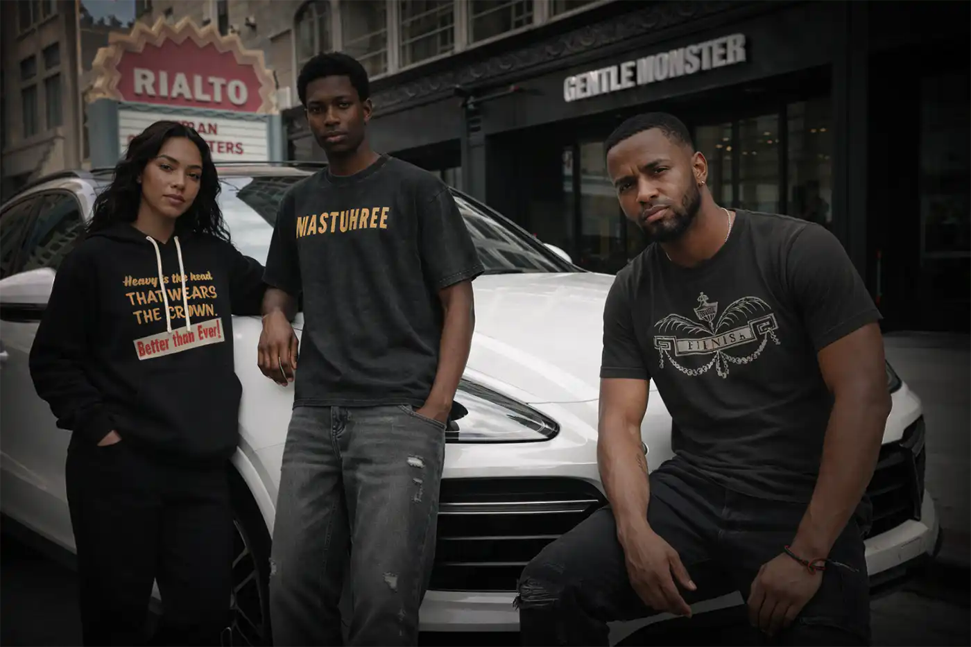 Three models wearing Mastuhree premium streetwear lean against a white Porsche Cayenne on Cary Street in Richmond Virginia, showcasing modern luxury urban fashion.