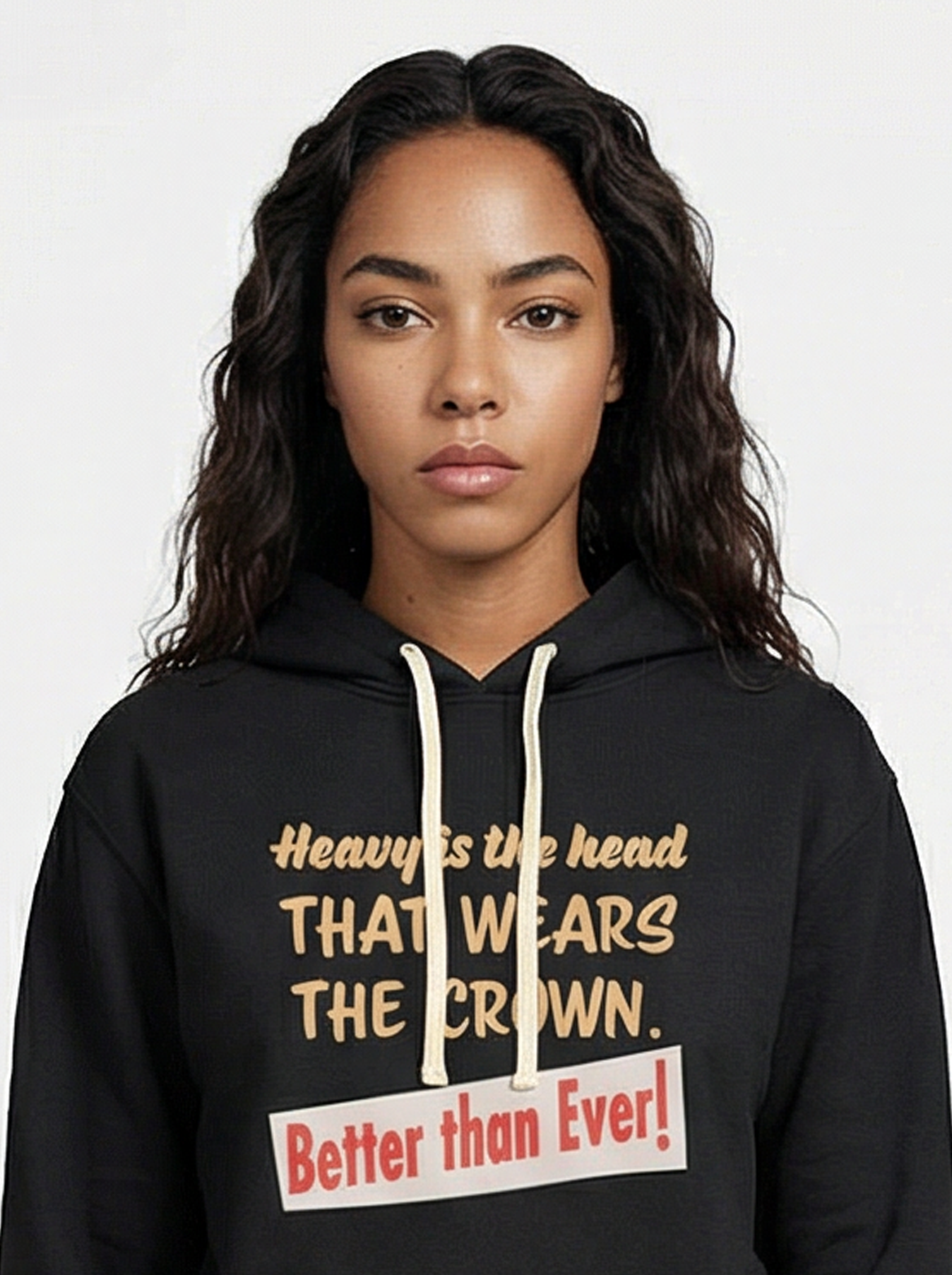 Close-up portrait of a female model wearing the Heavy Is the Head hoodie by Mastuhree, featuring premium fabric, minimalist streetwear design, and a confident expression.