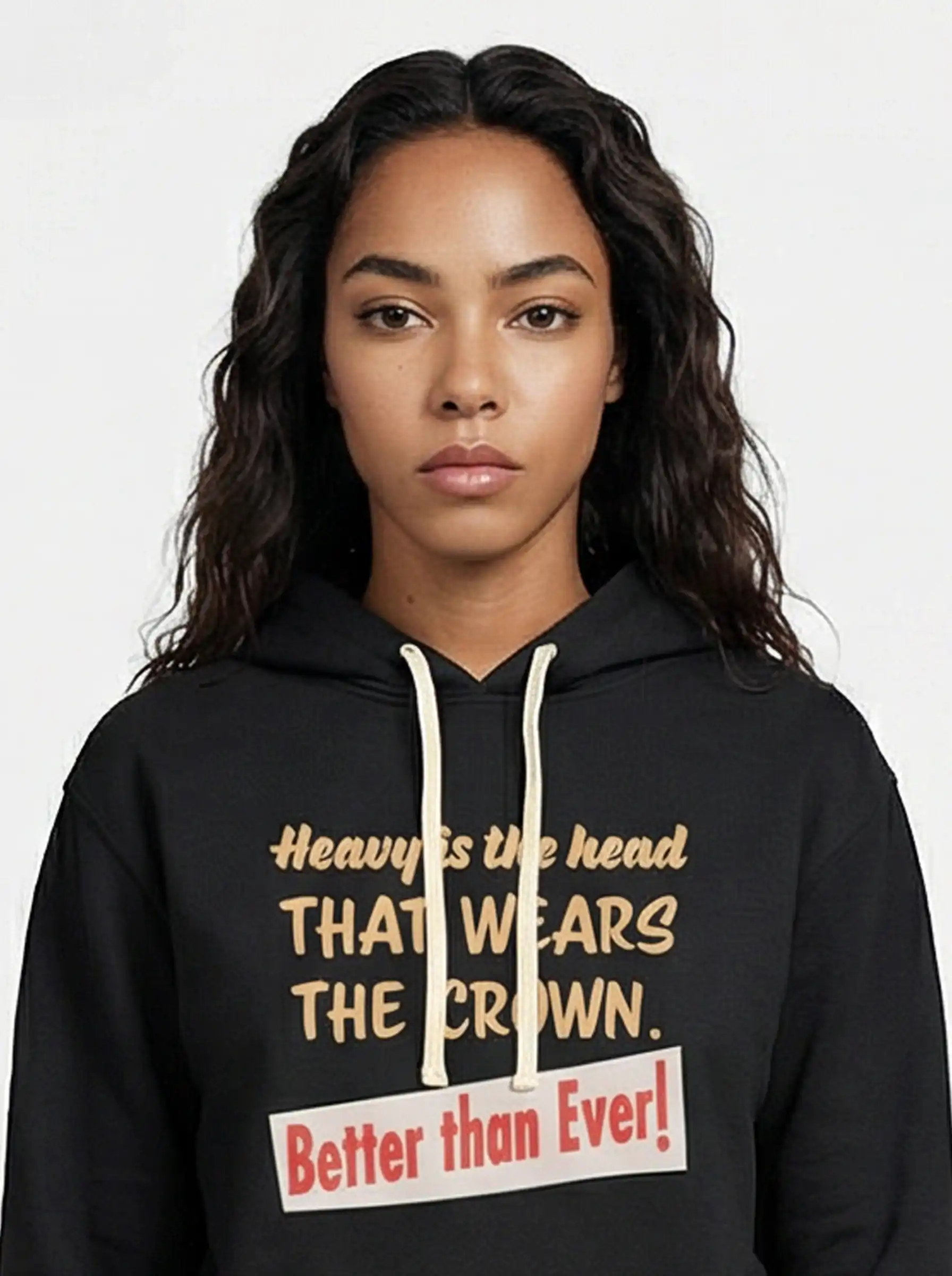 Close-up portrait of a female model wearing the Heavy Is the Head hoodie by Mastuhree, featuring premium fabric, minimalist streetwear design, and a confident expression.