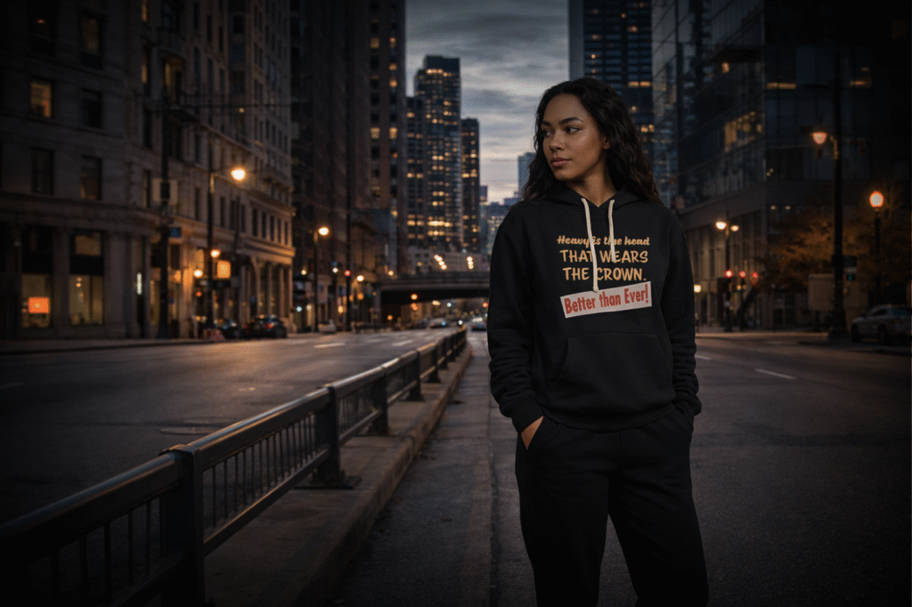 Model wearing a Mastuhree premium streetwear hoodie in a relaxed urban city street setting