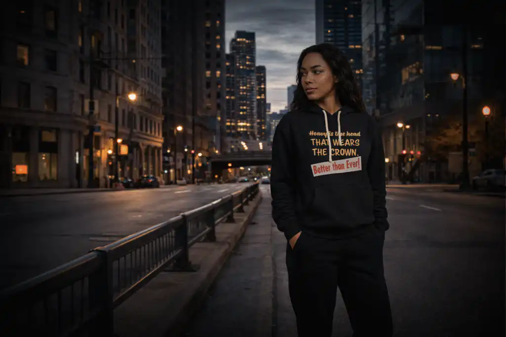 Model wearing a Mastuhree premium streetwear hoodie in a relaxed urban city street setting