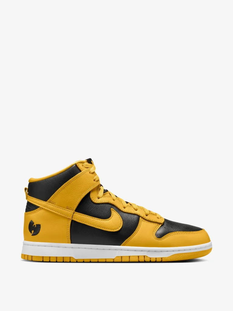Nike Dunk High Wu-Tang edition sneakers in black and yellow colorway featuring the iconic Wu logo.