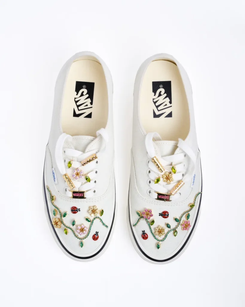 Top View SZA custom white Vans Authentic 44 with ladybug and gemstone embroidery by Rachel Goatley