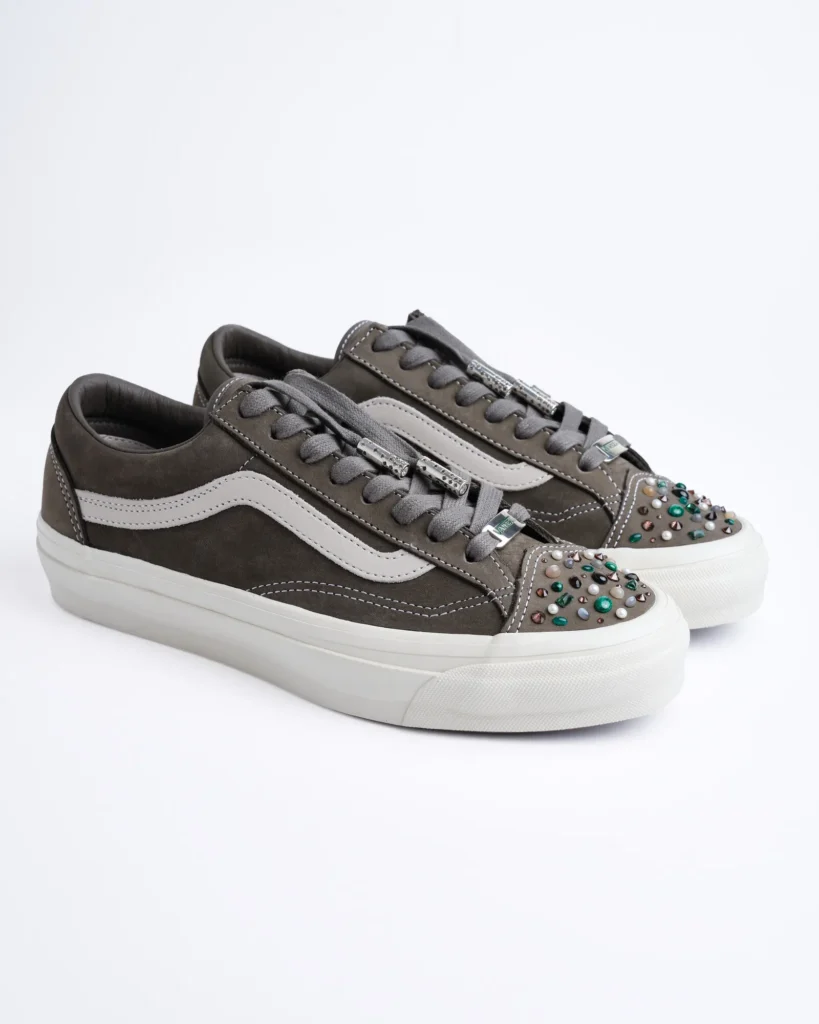 SZA custom Vans Old Skool 36 in grey suede with emerald, malachite, pearl and gemstone toe embellishments
